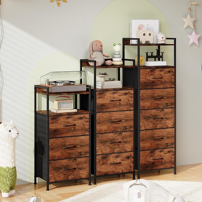 Somdot Nightstand with 3 Drawers, Dresser with Fabric Bins for Bedroom, Hallway, Entryway, Nightstand Bedside Table Furniture, Sturdy Steel Frame, Wooden Top, Easy Pull Fabric Bins, Wood Grain Print