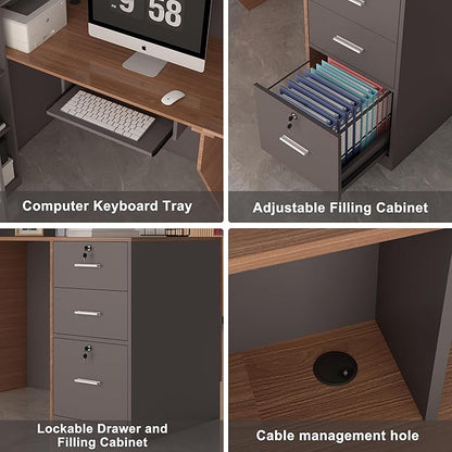 L-Shaped Reception Desk with Lockable Drawers, Adjustable File Cabinet & Keyboard Tray, Modern Front Counter for Office, Salon, or Lobby (Left-L Walnut/Slate Gray, 70.9''L x 23.6''W x 41.3''H)