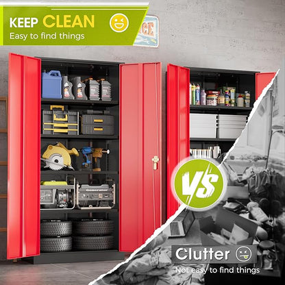 Greenvelly Metal Lockable Storage Cabinet, 72” Tall Storage Cabinet with 2 Doors and 4 Adjustable Shelves for Office, Home, Garage, Pantry (Assembly Required, 18”D, Black Red)
