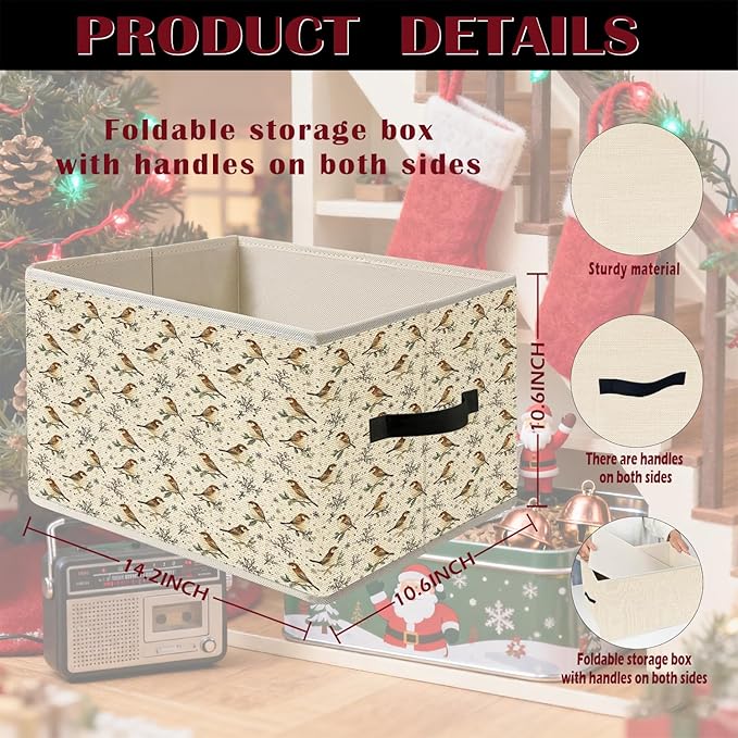 Winter Christmas Sparrow Bird Storage Bin Box with Handles, Rustic Birds Botanical Holiday Winter Christmas Foldable Organizer Basket Toybox for Home Bedroom Bathroom Clothes Toys Books
