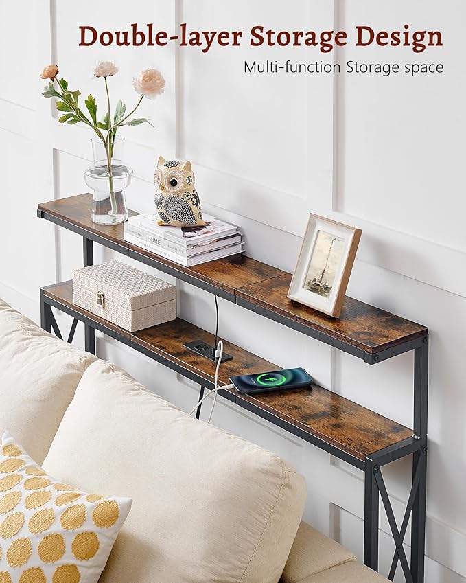 FAVOOSTY 5.9" Narrow Console Table with Led Light and Charging Station 46.8" Behind Couch Table Skinny Sofa Table with Power Outlets for Living Room, Hallway, EntryWay, Rustic Brown&Black