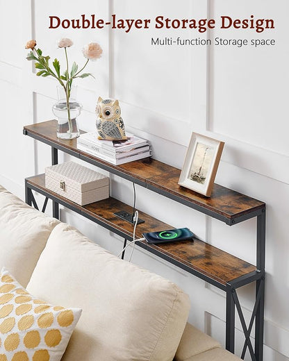 FAVOOSTY 5.9" Narrow Console Table with Led Light and Charging Station 46.8" Behind Couch Table Skinny Sofa Table with Power Outlets for Living Room, Hallway, EntryWay, Rustic Brown&Black