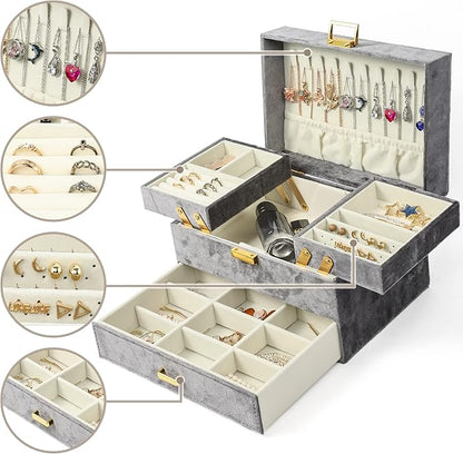 Dajasan Jewelry Organizer Box, Large Velvet Jewelry Boxes for Women Girls, Compact 3 Layers Jewelry Storage Case with Drawer, Movable Metal Stand, Modern, Gift Idea (Grey)