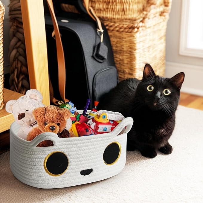 White Cat Toy Basket, Small Woven Cat Toy Storage Box with Cute Ears Handle Indoor, Cotton Rope Storage Bin with Embroidered Face for Home Decor, Pet Bed, Baby Nursery Kids Room Organization