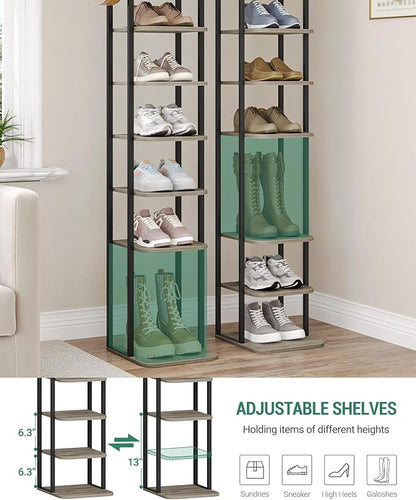 10 Tiers Vertical Shoe Rack, Narrow Shoe Tower, Tall Shoes Shelf with 2 Hooks, Adjustable Shelves, Corner Shoes Shelves for Small Spaces, Entryway, Living Room, Greige SR11205B