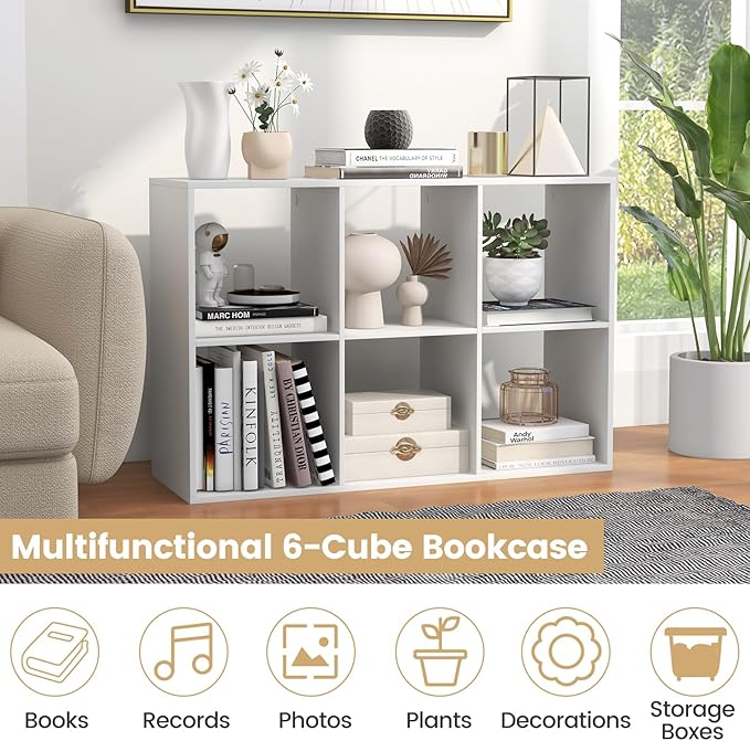 Giantex 6-Cube Bookcase, White Cubby Bookshelf w/Back Guardrail & Anti-Tipping Kits, 9-Tier Freestanding Storage Organizer with Shelves, Open Back Display Rack for Living Room, Bedroom, Study