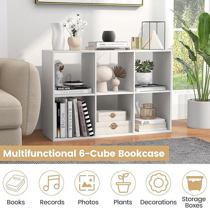 Giantex 6-Cube Bookcase, White Cubby Bookshelf w/Back Guardrail & Anti-Tipping Kits, 9-Tier Freestanding Storage Organizer with Shelves, Open Back Display Rack for Living Room, Bedroom, Study