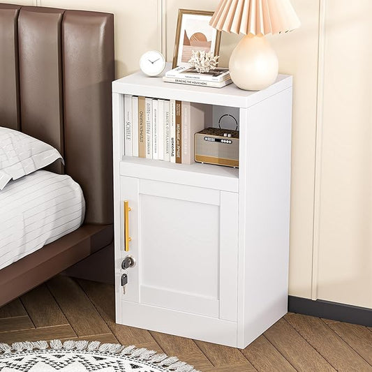 Tokawa Metal White Locking Nightstand, 27.56" Locker with Magnetic Door and Adjustable Shelve, Small Locker Nightstand, Side Table Storage Cabinets for Bedroom, Living Room, Office