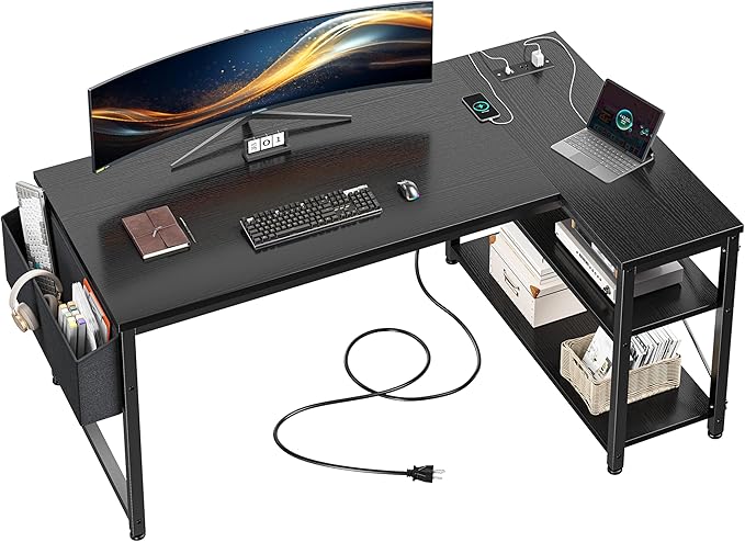EnHomee 48" L Shaped Desk Office Desk with Power Outlets,Computer Desk with Reversible Storage Shelves & Side Bag,Small Gaming Desk for Gaming Working Small Space Home Office Bedroom,Black