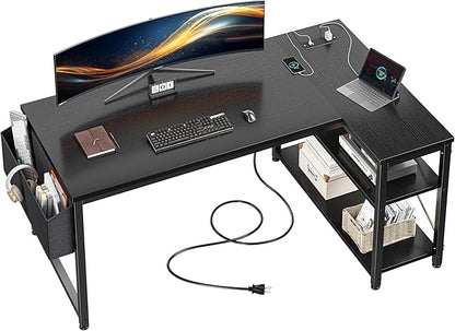 EnHomee 48" L Shaped Desk Office Desk with Power Outlets,Computer Desk with Reversible Storage Shelves & Side Bag,Small Gaming Desk for Gaming Working Small Space Home Office Bedroom,Black