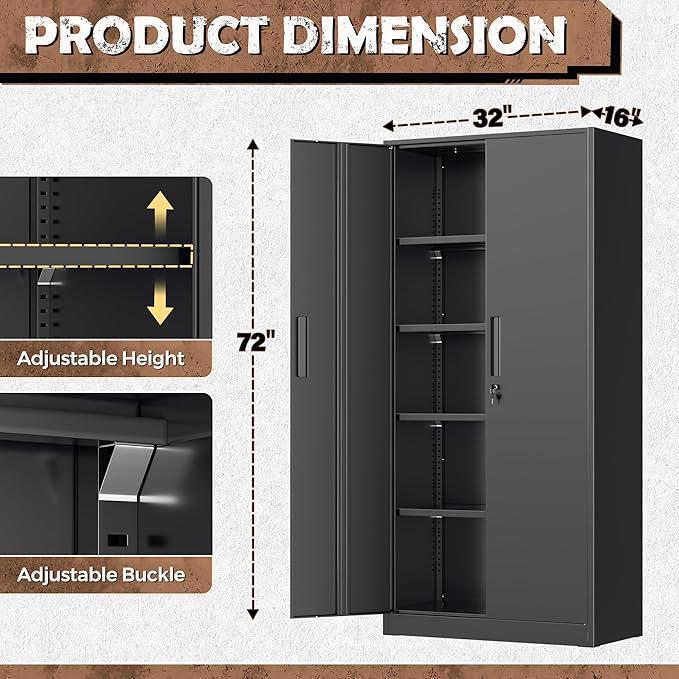 INTERGREAT Metal Storage Cabinet, 72” H Storage Cabinet with Doors and Adjustable Shelves for Office, Home, Garage, Pantry (Assembly Required, Black)