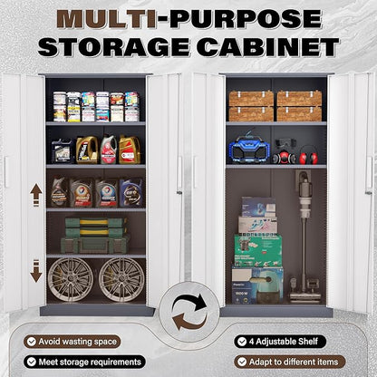 Metal Garage Storage Cabinet, 72” Lockable File Cabinets with 2 Doors and 4 Adjustable Shelves, Steel Tool Cabinets with Lock for Office, Home, Living Room, Grey White