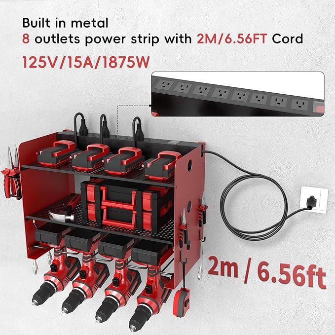 NWH Power Tool Organizer Wall Mount with Charging Station，3 Layer Storage Rack for Organization 4 Drill Storage Shelf with Hooks, Drill Bit Heavy Duty Rack, with 8 Outlet Power for Garage and Workshop