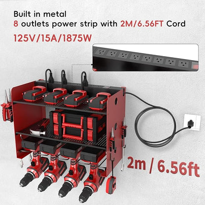 NWH Power Tool Organizer Wall Mount with Charging Station，3 Layer Storage Rack for Organization 4 Drill Storage Shelf with Hooks, Drill Bit Heavy Duty Rack, with 8 Outlet Power for Garage and Workshop