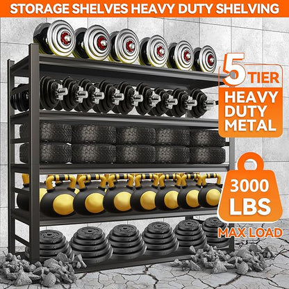 Garage Shelving, Storage Shelves Heavy Duty, 5-Tier Adjustable Black Shelving, 3000Lbs Utility Shelf for Garage/Basement/Kitchen, 72”H×48”W×24”D