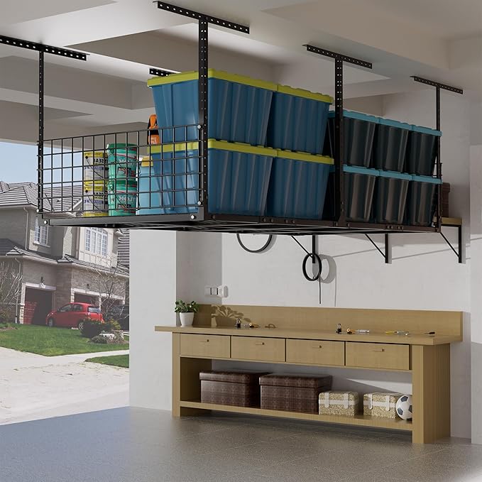 GIOTORENT Garage Ceiling Storage Racks, 96" W x 48" D x 22-42" H Overhead Garage Storage Rack, Heavy-Duty Carbon-Steel 700lbs Rating, Adjustable Mounted Rack System with Side Guards