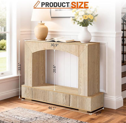 46 Inch Entryway Table U-Shaped, Wooden Console Table with Socket Farmhouse Sofa Table for Entrance, Hallway, Living Room,Behind Couch((Natural Brown)