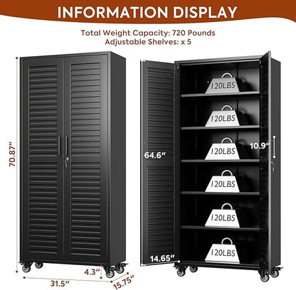 Garage Storage Cabinet with Wheels, 71" H Lockable Metal Storage Cabinet with 5 Adjustable Shelves for Garage,Warehouse, Home, Assembly Required, Black