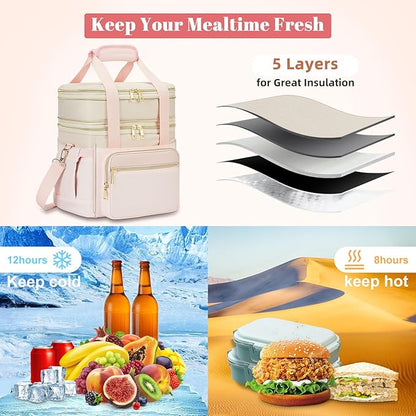 Insulated Lunch Bag & Lunch Box for Women - Double Deck Reusable Lunch Bag for men Tote Cooler Bag Leakproof Soft Expandable - Large Lunchbox for Work/Adult/Picnic/Outdoor (Pink，15L)