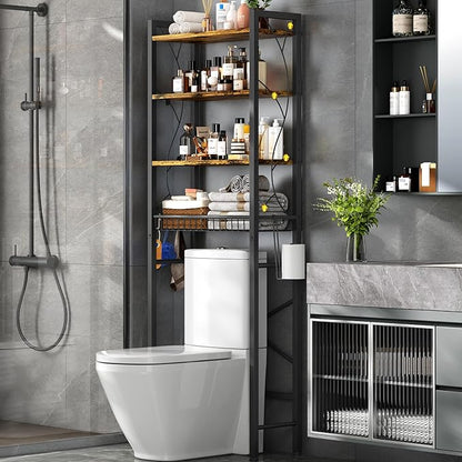 Over-The-Toilet Storage Rack, 4-Tier Bathroom Organizer Shelf Over Toilet with Adjustable Shelf and Basket, Freestanding Space Saver Bathroom Shelves Above Toilet for Room (Rustic Brown)