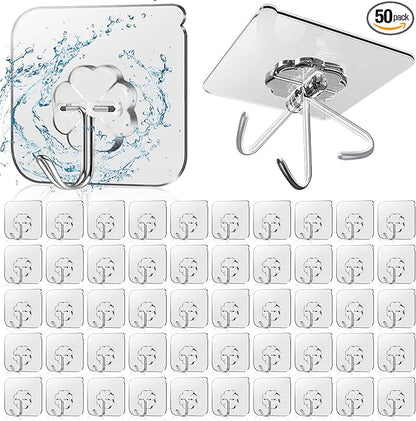 50 Pack Sticky Hooks for Hanging Heavy Duty, Wall Hook Adhesive, Transparent self Adhesive Hooks for Wall, Kitchen, Bathroom & Ceiling