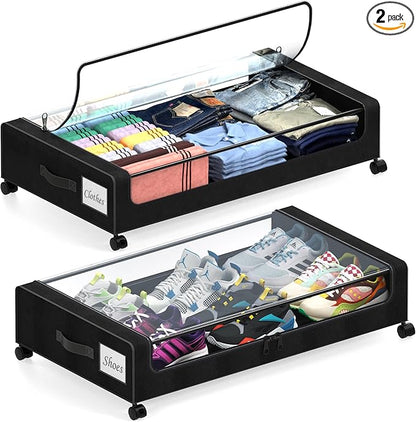 Under Bed Storage with Wheels, 2 Pack Under Bed Storage Containers with Dividers & Clear Lids, XXL 65L Under the bed storage Organizer Bins, Underbed Storage with Wheels for Clothes (Black, 2 Pack)