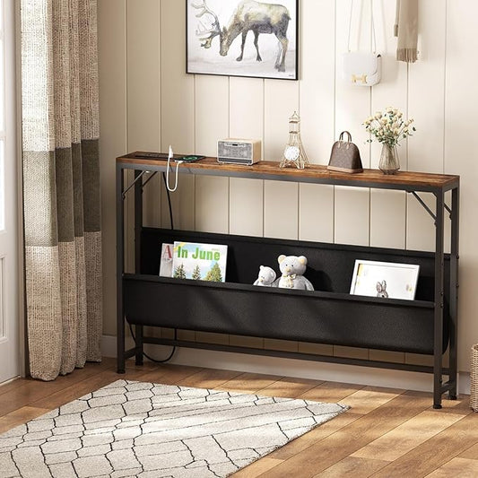47.2'' Skinny Console Table with Power Outlet, 5.91" Behind Couch Table with Charging Station, Long Sofa Table, Narrow Entryway Table for Living Room, Foyer, Hallway, Rustic Brown