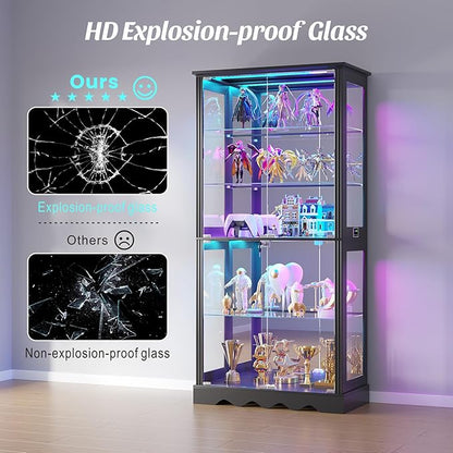 Glass Display Cabinet with Doors, RGB Curio Cabinet with LED Lights for Collectibles, Display Case with Adjustable Shelf, Black