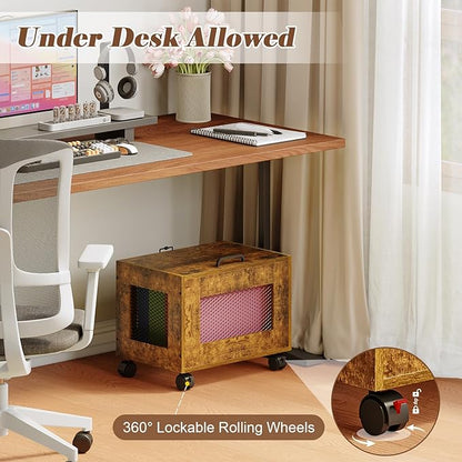 Small File Cabinet Cart Under Desk, Rolling Filing Cabinet for Home Office, Hanging File Organizer Box on Wheels, Mobile Decorative Document Storage Basket for Letter & Legal Size