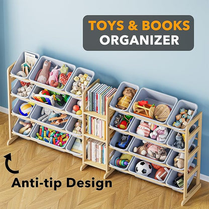 SpaceAid Large Toy Storage Organizer with 24 Bins and 3 Shelves, Toy Organizers Storage Bookshelf, Kids Bin Shelf Box Bookcase for Bedroom Playroom Organization Room Decor, Neutral Gray