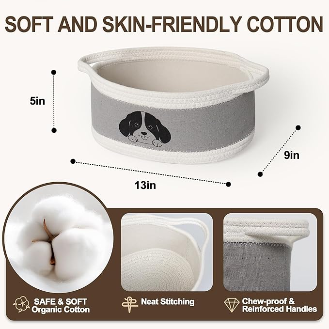 Small Dog Toy Basket, Cotton Rope and EVA Puppy Toy Bin with Cute Dog Print, Pet Toy Storage Box for Living Room Nursery, Decorative Woven Storage Pet Gift Basket Empty, 13”x9”x5”