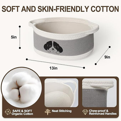 Small Dog Toy Basket, Cotton Rope and EVA Puppy Toy Bin with Cute Dog Print, Pet Toy Storage Box for Living Room Nursery, Decorative Woven Storage Pet Gift Basket Empty, 13”x9”x5”