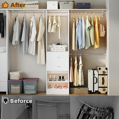 Closet System, 4Ft-9Ft Closet Organizer System With 2 Wooden Drawers, Walk-In Closet Storage System With 5 Expandable Hanging Rods, Adjustable Cloth Garment Rack from 4 to 9FT, White