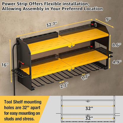 YYR Power Tool Organizer with Charging Station Wall Mount, Cordless Drill and Battery Holder for Garage Organization, Electric Tools Storage Rack Build in Surge Protection Power Strip - Yellow Shelf