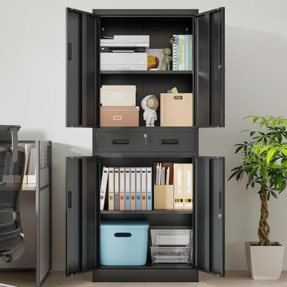 Metal Storage Cabinet, 71" H x 28" W x 16" D Locking Storage Cabinet with Adjustable Shelves and One Drawer, Steel Cabinet for Office, Garage, Home, School, Utility (Black)