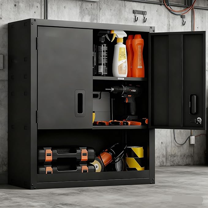 Towallmark Metal Wall Cabinet, Heavy Duty Garage Locker with Adjustable Shelf, Wall Mounted Cabinet with Locking Doors, Floating Upper Storage Cabinet for Warehouse Garage