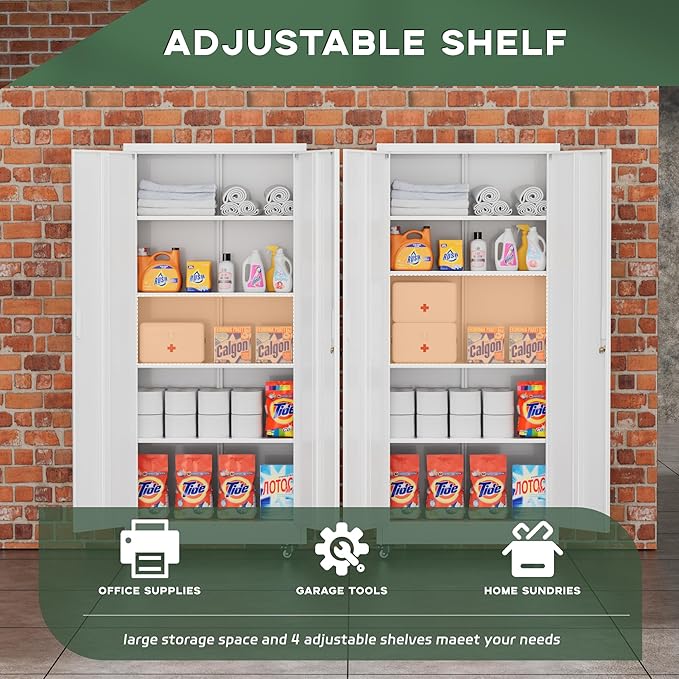 Greenvelly 73" Rolling Storage Cabinet,White Metal Garage Cabinet with Locking Doors and 4 Adjustable Shelves for Home,Kitchen,Office,Warehouse(32" W x 16" D,Wheels)