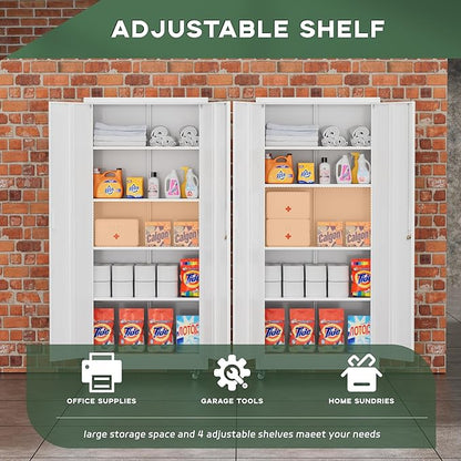 Greenvelly 73" Rolling Storage Cabinet,White Metal Garage Cabinet with Locking Doors and 4 Adjustable Shelves for Home,Kitchen,Office,Warehouse(32" W x 16" D,Wheels)
