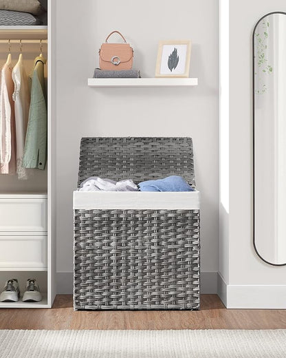 SONGMICS 130L Clothes Hamper with Lid, 2 Removable Liner Bags, 6 Mesh Bags, Wicker, Double Laundry Basket for Bathroom, 13 x 26 x 23.6 Inches, Gray ULCB253G01