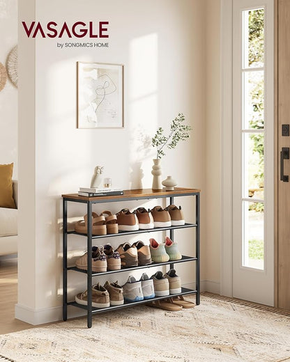 VASAGLE 4-Tier Shoe Rack, Large Shoe Storage Organizer for Closet, Entryway, 15-20 Pairs, with 3 Metal Mesh Shelves, 10.8 x 29.5 x 28.5 Inches, Rustic Brown and Black ULBS114KD01