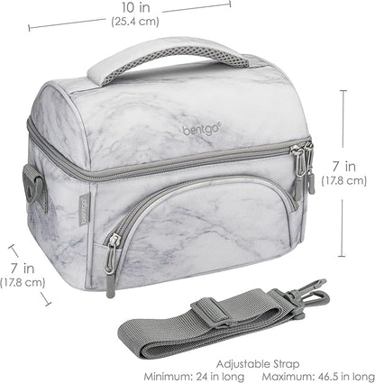 Bentgo Deluxe Lunch Bag - Durable and Insulated Lunch Tote with Zippered Outer Pocket, Internal Mesh Pocket, Padded & Adjustable Straps, & 2-Way Zippers - Fits Most Lunch Boxes (White Marble)