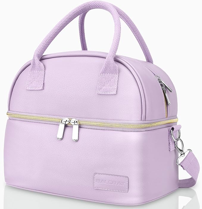 BALORAY Lunch Bag for Women Men, Double Deck Lunch Box for Adults, PU Leather Lunch Tote Bag Insulated Lunch Bags with Strap for Work Office Picnic(Purple with strap)