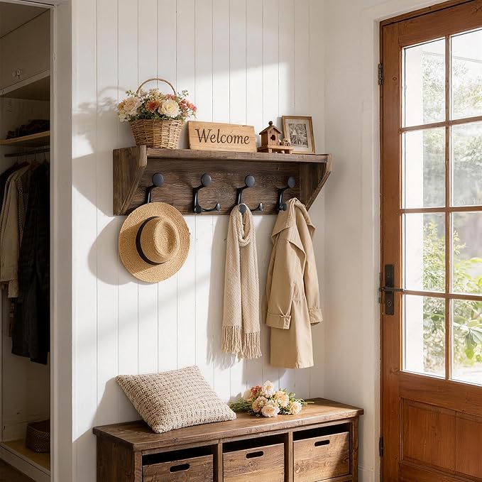 SKOLOO Wall Shelf with Hooks, 24-Inch Weathered Brown Coat Rack Wall Mount with Shelf Organizer - Heavy Duty, 4 Tri Hooks - Perfect for Entryway, Hallway, Living Room, Bedroom, Mudroom