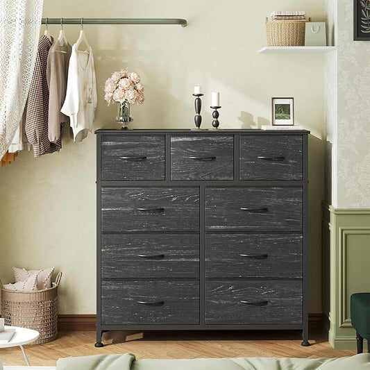 OLIXIS 9 Drawer Storage Dresser with Wood Top - Wide Fabric Chest Organizer for Bedroom, Closet, Living Room,Tower Cabinet, TV Stand, Hallway Entryway Furniture,Black Wood Grain