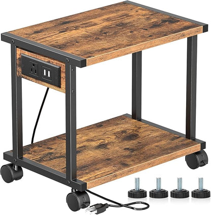 2-Tier Printer Table with Charging Station for Home Office Organization - Small Stand with Wheels for Scanner, Under or Beside Desk Storage Cart - Rustic Brown