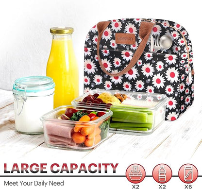 Lunch Bag for Women & Men Adult Insulated Lunch Box, Small Leakproof Cooler Food Lunch Containers Reusable High Capacity Lunch Tote Bags for Work, Travel, Outdoor (Red Flower)