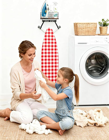 THYGIFTREE Ironing Board Hanger Wall Mount Adjustable Hooks Fits T & Y Shaped Boards, Iron Holder Metal Frame with Wood Shelf for Laundry Room Organization, Holds Iron, Steamer & Accessories