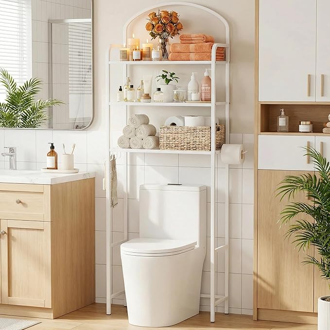 3-Tier Over The Toilet Storage, Bathroom Organizer, Space-Saving, Above Toilet Storage Rack with 4 Hooks and Paper Holder, Metal Shelf, White