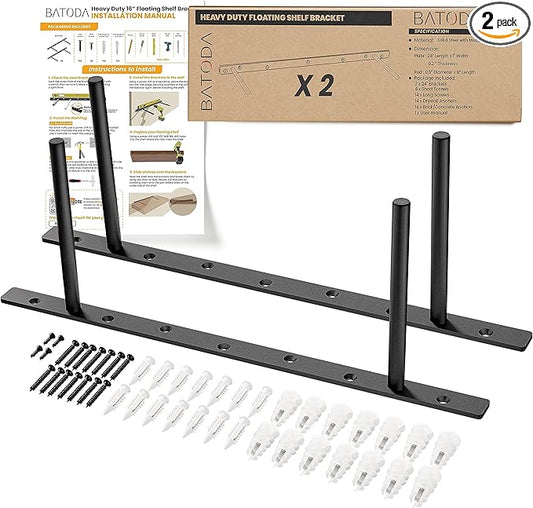 BATODA - 16" Heavy Duty Floating Shelf Bracket (2 pcs)–Solid Steel Blind Shelf Supports - Hidden Brackets for Floating Wood Shelves - Blind Shelf Support - Shelving Mounting Hardware Included (Pack 2)