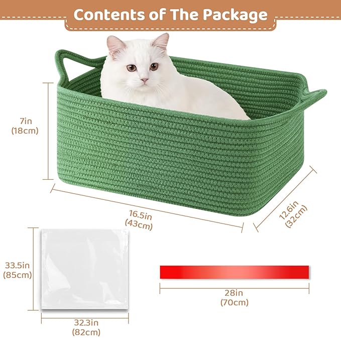Large Empty Gift Baskets for Baby Shower, 16.5" L x 12.6" W x 7" H Cute Woven Storage Basket with Gift Bags and Ribbons, Small Rope Toy Basket with Handles, Cat Dog Pet Toy Organizer - Green